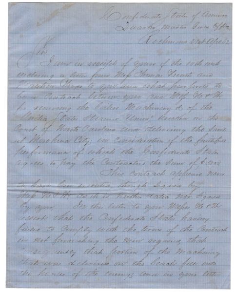 Confederate Letter from A.C. Myers Pertaining to a Union Steamer Wreck and the Salvage of its Boilers which Fell into the Hands of the Enemy