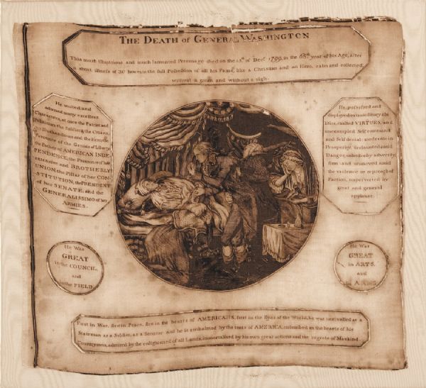  The Death of General Washington, After the historic original engraving by Amos Doolittle, Brown Print upon Cloth Linen Fabric, Framed