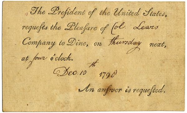 President John Adams diner invitation to Colonel Tobias Lear....Personal Secretary and confident to President George Washington