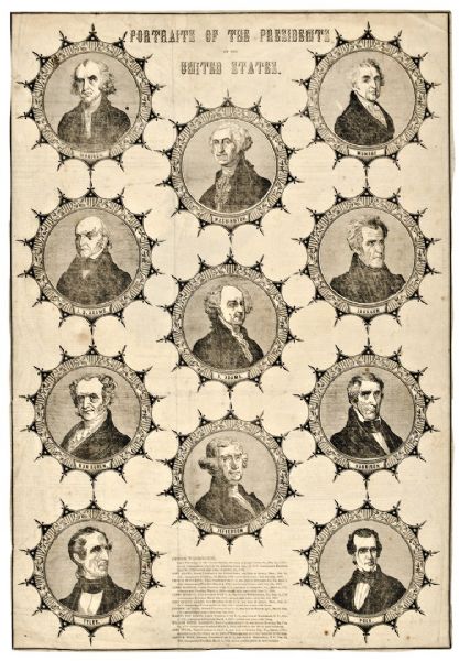 President Portraits Broadsheet George Washington to Polk 