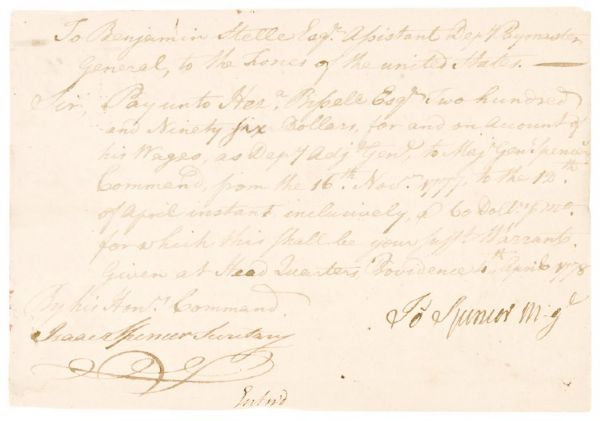 Continental Army Major General Joseph Spencer Pay Order