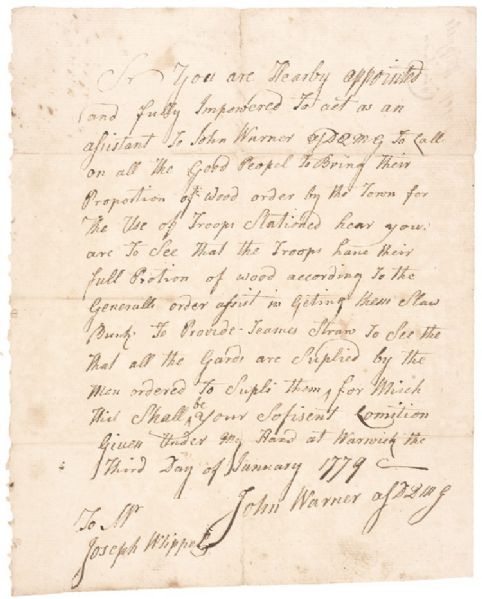 Revolutionary War Continental Army Field Appointment Issued by John Warner to Joseph Whipple at Warwick, RI