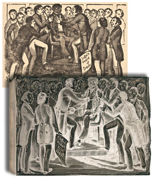 1840, Woodblock Printing Plate, Illustrating a Scene of Members of the Suffolk Board of Trade Welcoming a Black Man