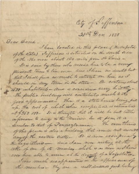 Virginians Dominate The Missouri Legislature at Jefferson City in 1838.