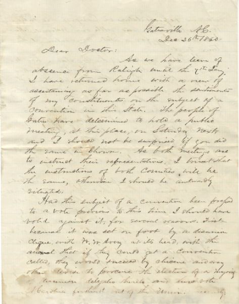 North Carolina Secession Convention Letter. 