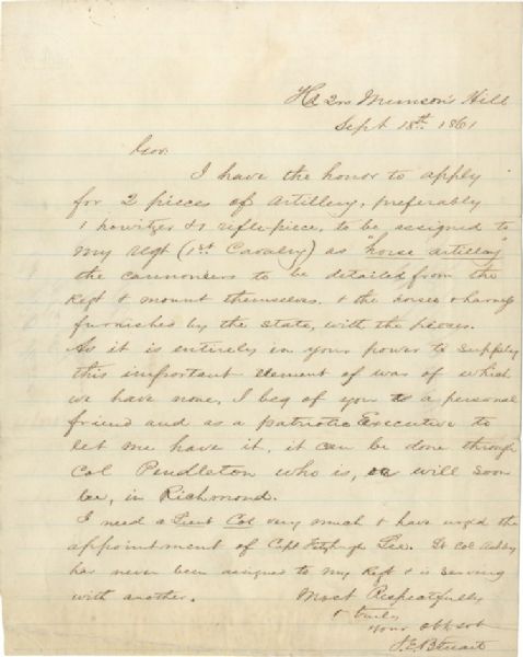 JEB Stuart Establishes His Famous Horse Artillery In This Autograph Letter Signed
