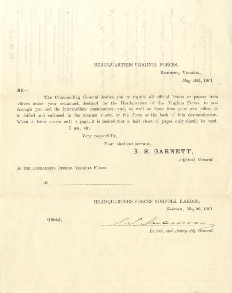 Early Confederate Printed Document Signed in Type by Robert S. Garnett