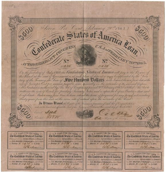 1863 $500 The Confederate States of America War Bond