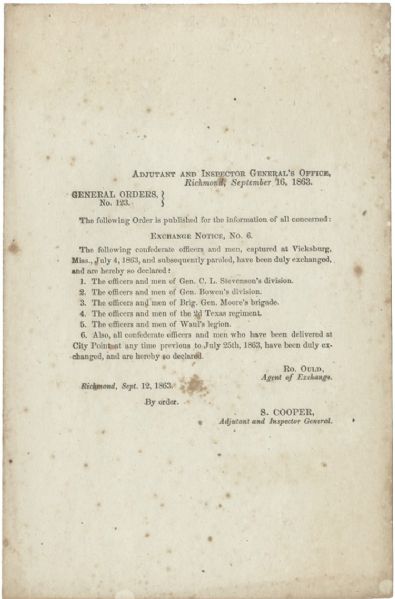 Two Printed General Order Regarding Exchange of POWs