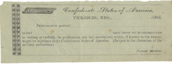 Confederate States of America 1863 Vicksburg, Mississippi Pass.  
