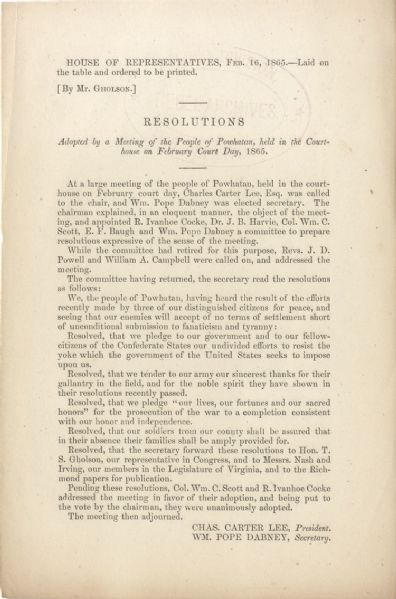 Resolution - The People of Powhatan County “pledge ‘our lives, our fortunes and our sacred honors’ for the prosecution of the war to a completion consistent with our honor and independence...”