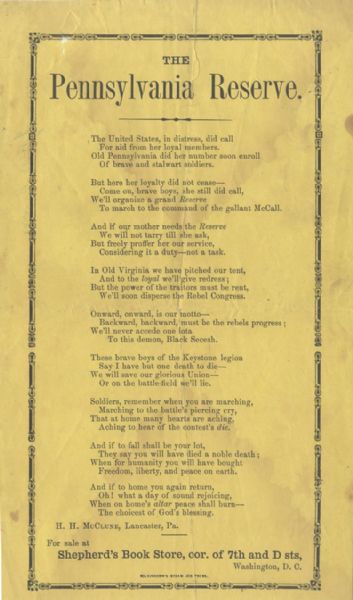  Rare 1861 Pennsylvania Reserve Corps Patriotic Poem. 