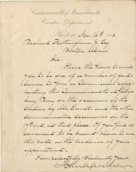 The Governor Of Massachusetts Requesting A Commission To Attend The Dedication Of The Gettysburg Cemetery November 19, 1863