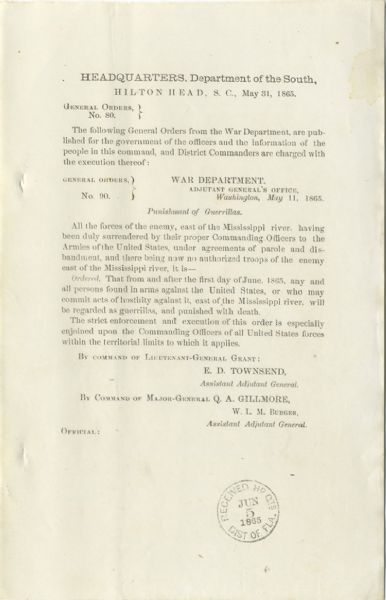 The War Department Orders For Punishment of Guerrillas In May 1865. 