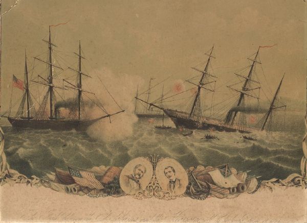 Color Aquatint Print of The Fight Between the Alabama & Kearsarge