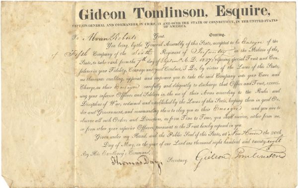 Connecticut Navy Commission Signed by Governor Gideon Tomlinson