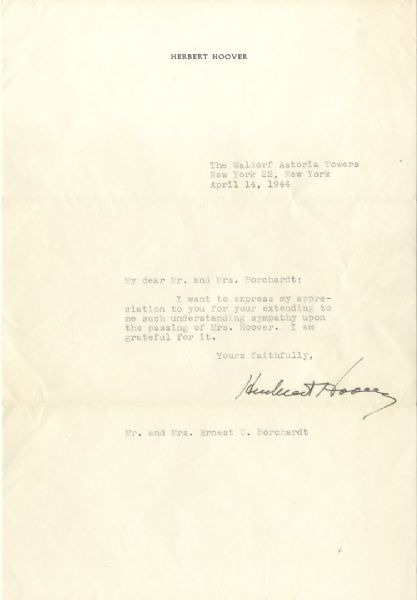 Former President Hoover Letter Concerning the Death of His Wife