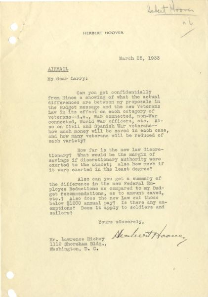 President Hoover Writes His Secretary