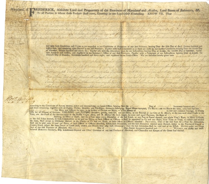 HORATIO SHARPE SIGNED COLONIAL LAND DOCUMENT