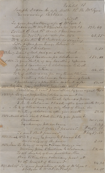 Barbour County, Alabama Cotton Plantation Account Statement with Slave Entries. 