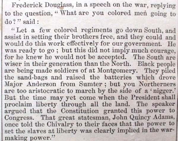 Frederick Douglass Speech Chastises the Northerners For Not Accepting Blacks in the Army - “you Northerners are too aristocratic to march by the side of a ‘nigger.’”