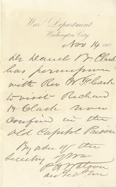 Confederate Sympathizer Old Capitol Prison Letter