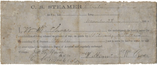 Confederate Parole Issued Off Of A CS Steamer