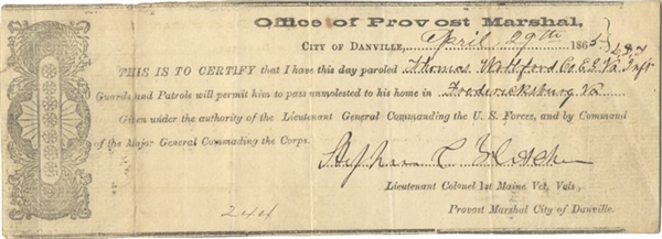 The Rare Danville Virginia Parole Issued  From the Last Capital the Confederacy Only Two Days After The City Falls, April 29th, 1865