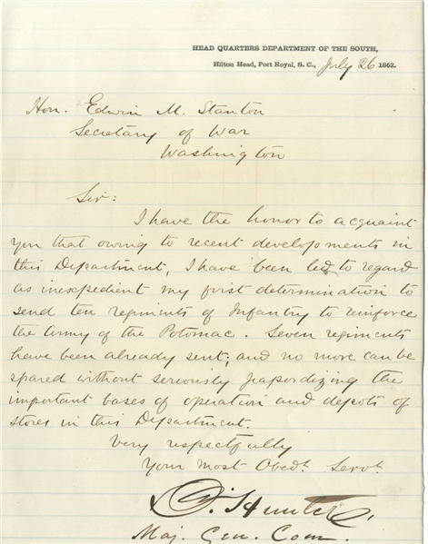 Major General Hunter Letter to Secretary of War Stanton