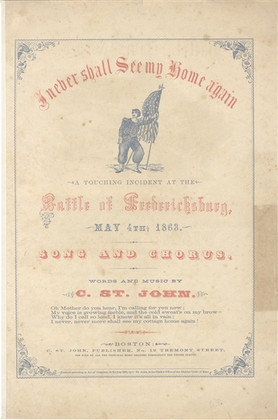Colorful Patriotic Battle of Fredericksburg Sheet Music with Zouave Motif.  