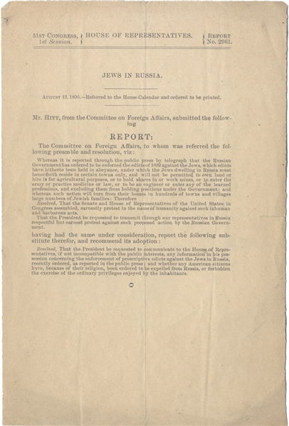 Ordered to be printed…U.S. HOUSE OF REPRESENTATIVES August 13, 1890 