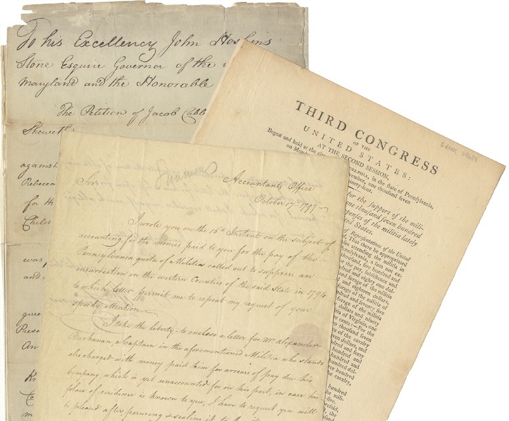 Three Items Related To The Whiskey Rebellion - A Choice Congressional Act Broadside Signed In Print By George Washwashington And John Adams For The Support Of The Military In Suppressing The...