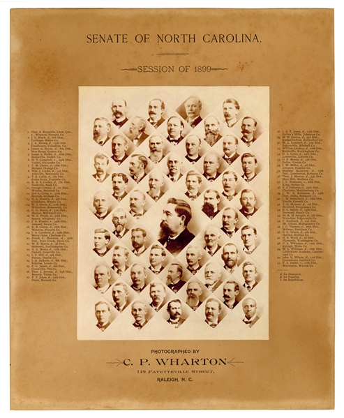 A strikingly poignant composite photograph of the Members of the 1899 North Carolina Senate, including the last African American to serve in the state legislature until 1968