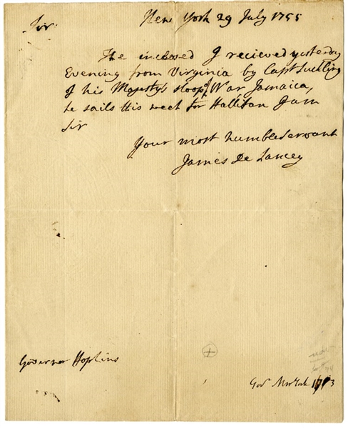 New York Colonial Governor James DeLancey Letter