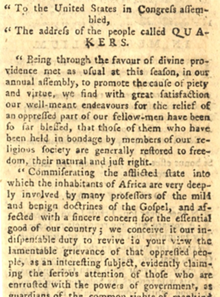 Strong Engravings .. And the American Quakers Call For Abolition of Slavery - 1784