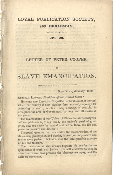 Peter Cooper Writes Lincoln Regarding Emancipation