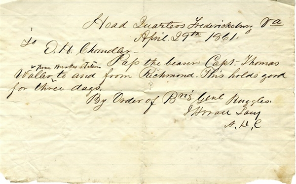 Early Manuscript Daniel Ruggles Confederate Pass