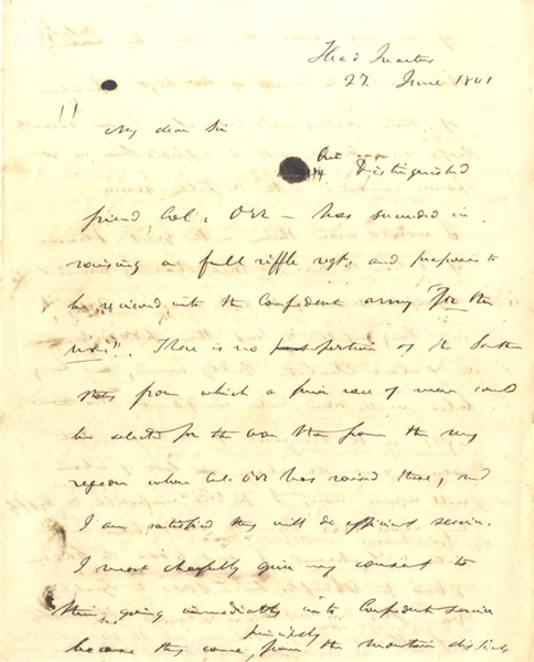 Confederate South Carolina Gov. Pickens Writes Jefferson Davis on the Need to Arm Orr’s Rifles – Newly Raised and Enlisted for the Duration of the War