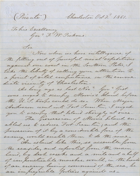 Gabriel E. Manigault Letter to S.C. Governor F. W. Pickens Regarding the Defenses of Charleston And the Importance of Better Securing Morris Island