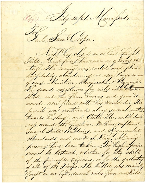 Jefferson Davis Writes General Samuel Cooper and Gives Him a Situation Report on the Confederate Victory at Manassas