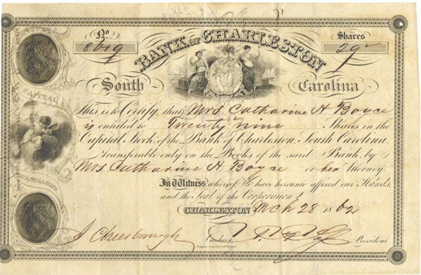 Stock Certificate for the Bank of Charleston