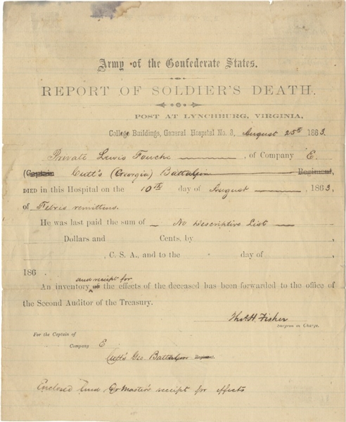 Rare 11th Georgia Battalion (Sumter Artillery) Death Certificate