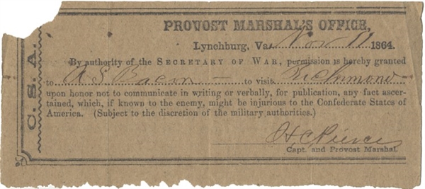 Rare Lynchburg, Virginia Confederate Secretary of War Oath of Allegiance To Visit Richmond. 