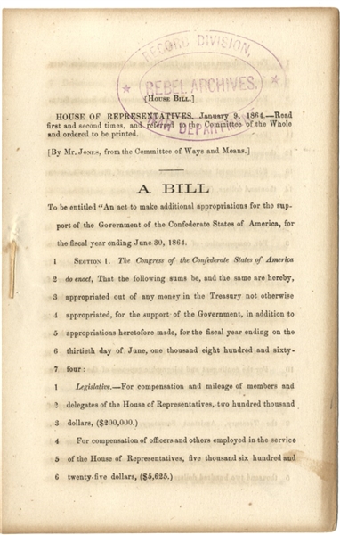 Funding Confederate Prisons, Submarines, Indian Treaties and More - Stamped “Rebel Archives” 