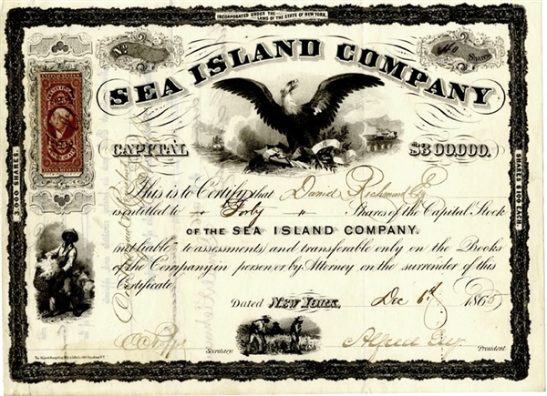 Sea Island Company Stock Certificate - Vignette of Slaves Picking Cotton - Signed by Alfred Ely!