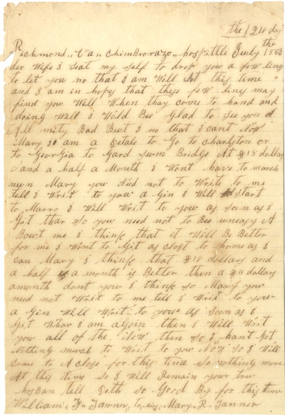 Likely Wounded at Gettysburg, Now Writes from the Hospital