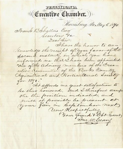 Union General JOHN W. GEARY Pennsylvania Governor's Letter