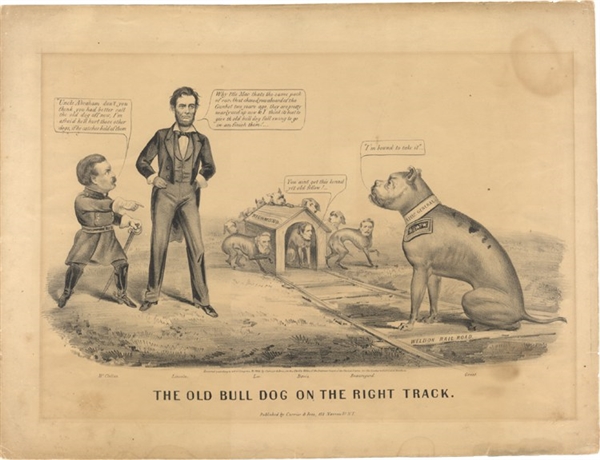Lincoln and Grant Pursue the War, McClellan Wants to Call off the Attack: An 1864 Re-Election Cartoon
