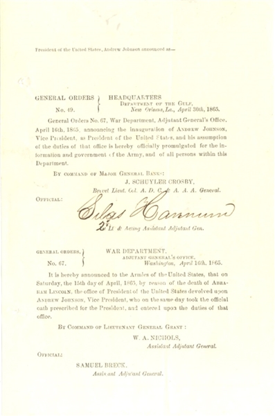Ulysses S. Grant’s General Order 67 Announcing Lincoln’s Assassination and Johnson’s Accession to the Presidency
