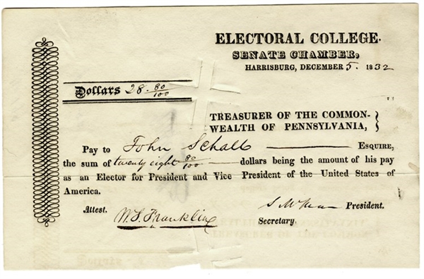 A Rare Pennsylvania Pay Document For Service In The Electoral College; In This Election, Andrew Jackson Was Re-elected